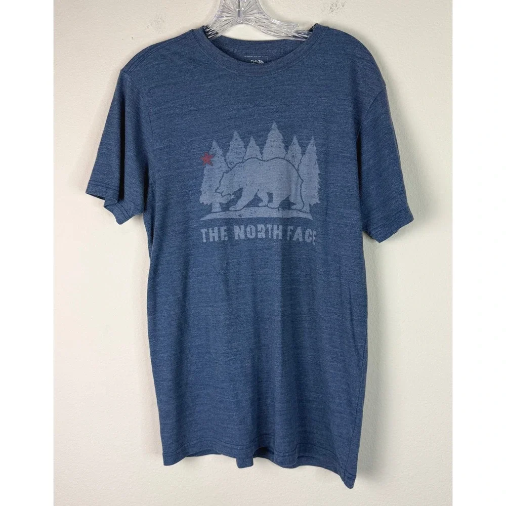 The North Face TShirt Mens M Bear Forest Graphic Blue Heathered Short Sleeve Tee